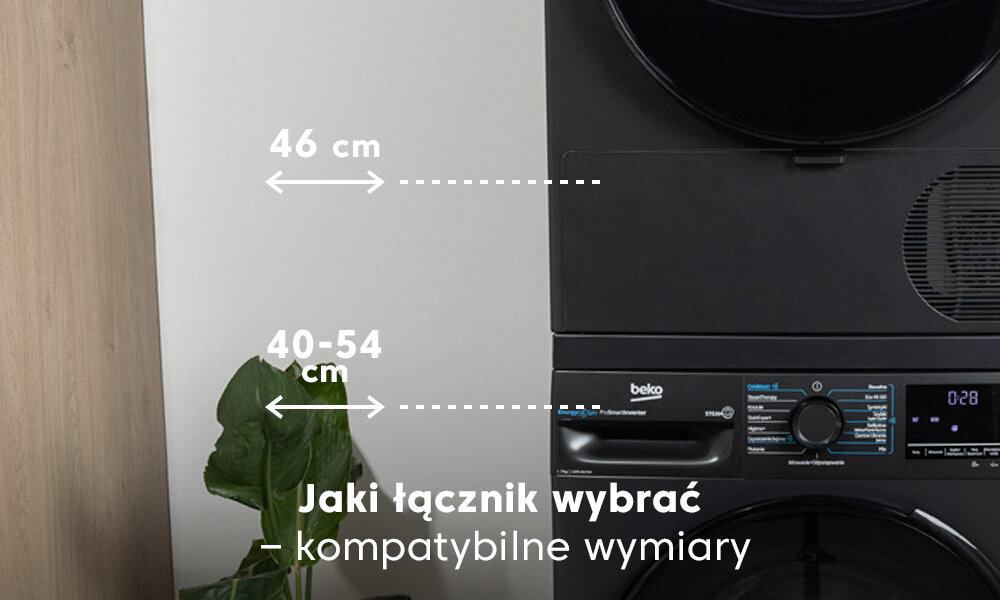 Na obrazie widoczny jest fragment urządzenia z logo \'beko\' oraz tekst: \'Jaki łącznik wybrać – kompatybilne wymiary\'. Obok urządzenia znajduje się roślina, a na urządzeniu widoczne są wymiary \'54-60 cm\' i \'45-60 cm\'.