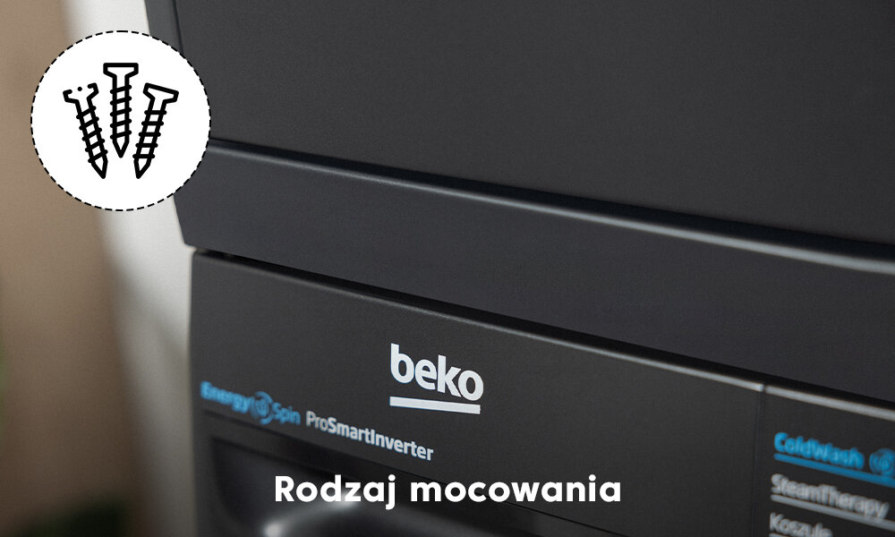 Na obrazie widoczny jest fragment urządzenia z logo \'beko\' oraz napisami \'EnergySpin ProSmartInverter\' i \'Rodzaj mocowania\'. Obok znajduje się ikona przedstawiająca trzy śruby.