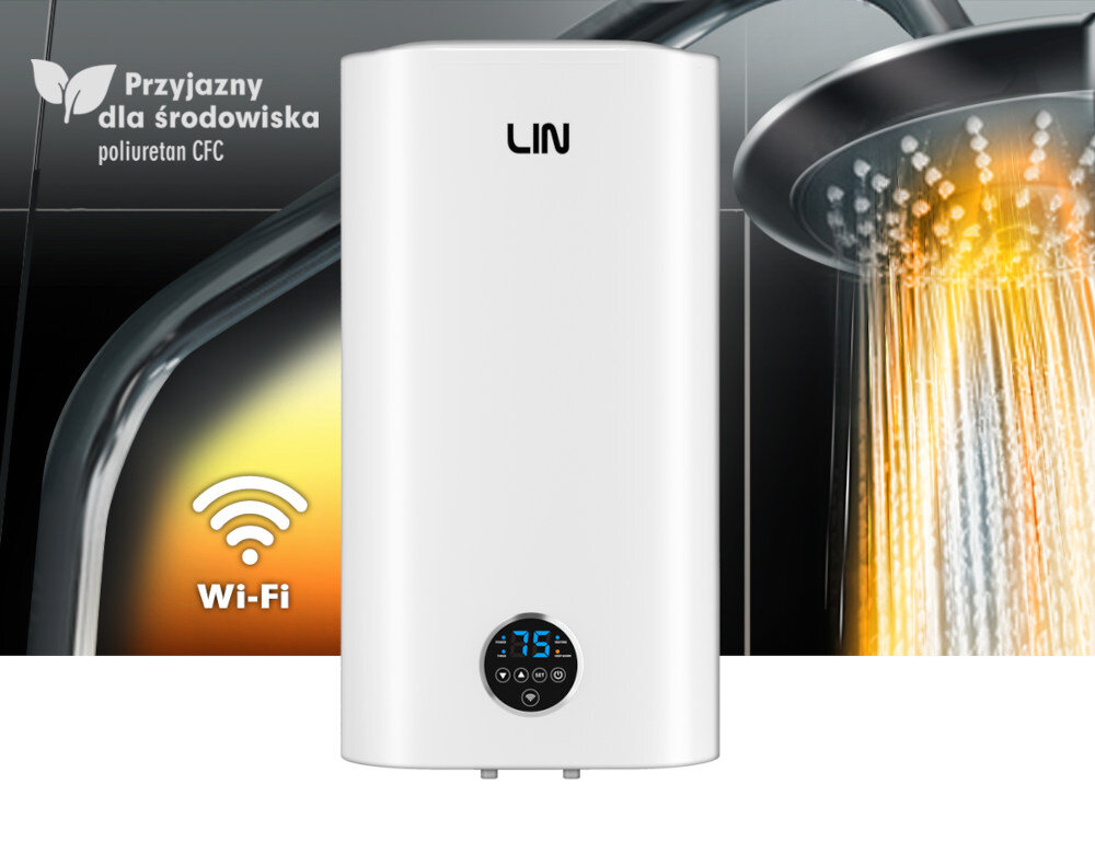 Biały bojler elektryczny z logo \'LIN\' i wyświetlaczem pokazującym temperaturę 75 stopni. Obok widoczne są ikony \'Wi-Fi\' oraz napis \'Przyjazny dla środowiska poliuretan CFC\'.