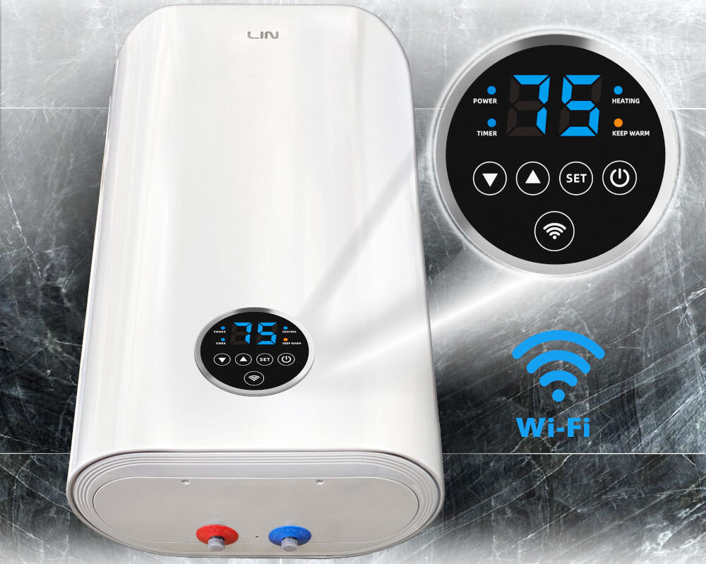 Biały bojler elektryczny z wyświetlaczem cyfrowym pokazującym temperaturę 75. Obok widoczny jest symbol Wi-Fi oraz przyciski sterujące z napisami: POWER, TIMER, HEATING, KEEP WARM, SET.