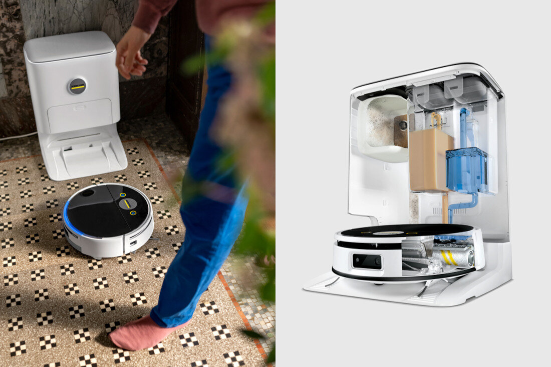 Robot sprzątający KARCHER RVF 7 Comfort 1.269-690.0 Pełna automatyzacja sprzątania mopowania i odkurzania w jednym usuwa zabrudzenia mokre szczotki zbierają kurz i okruchy moc ssania opróżnia zbiornik na kurz pojemność czyści wałek napełnia wodę waga