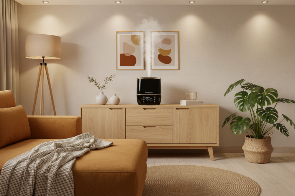 Nawilżacz GÖTZE & JENSEN AH250K z Nawilżacz powietrza Gotze & Jensen ustawiony na jasnej drewnianej komodzie w nowocześnie urządzonym salonie. Urządzenie intensywnie emituje parę wodną. W tle widoczne są dwa abstrakcyjne obrazy i duża, musztardowa kanapa.