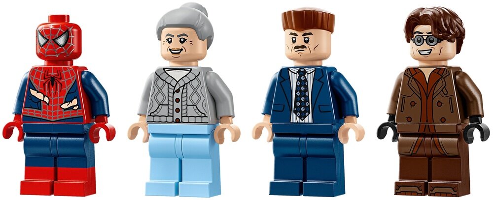 LEGO 76321 Marvel Spider-Man kontra Doc Ock — scena w metrze Spider-Man 2 studia Marvel cztery minifigurki: J. Jonah Jamesona, ciocię May, Spider-Mana i Doc Ocka wymienne głowy — w masce i bez