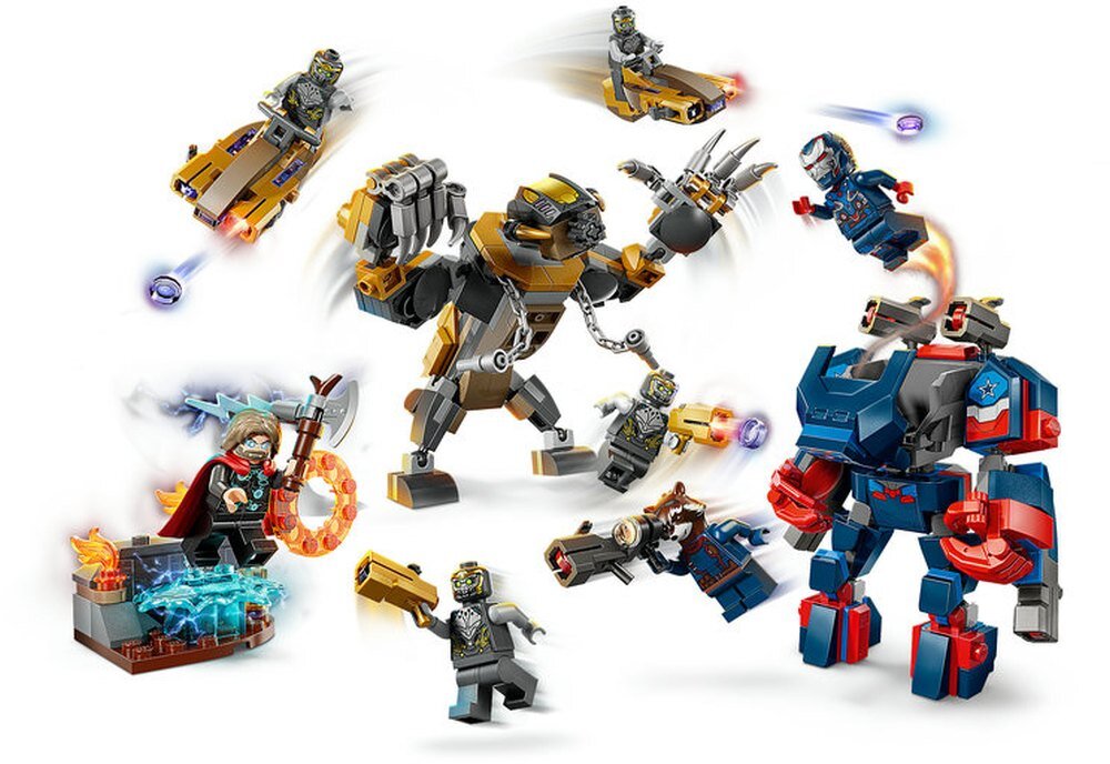 LEGO 76322 Marvel Avengers: Koniec gry Thor kontra Chitauri siedem minifigurek Iron Patriot MK2, Rocket z dużym miotaczem klocków, Thor ze Stormbreakerem i czterech Chitauri