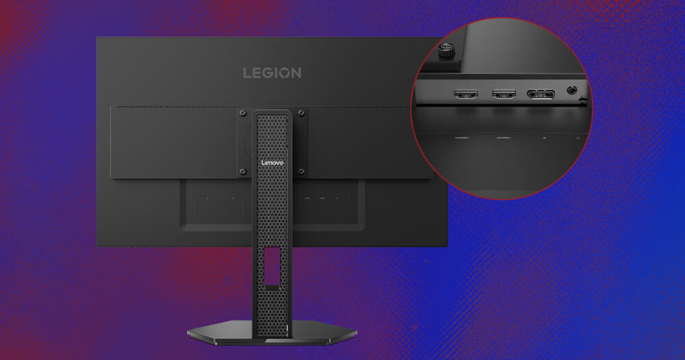 Monitor LENOVO Legion 27Q-10 27 cali 2560x1440px IPS 240Hz 0.5 [MPRT] prezentacja monitora od tyłu zbliżenie na porty w tle fioletowy gradient różne urządzenia wygoda elastyczność