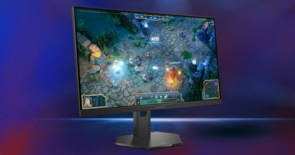 Monitor LENOVO Legion 27Q-10 27 cali 2560x1440px IPS 240Hz 0.5 [MPRT] prezentacja monitora pod kątem na ekranie gra tło fioletowy gradient 240 Hz czas reakcji ograniczanie opóźnień płynny obraz