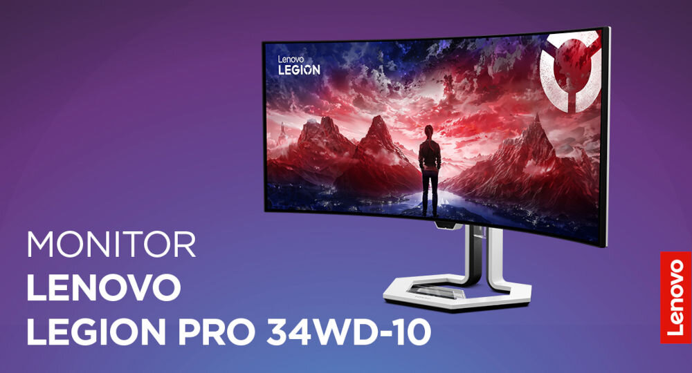 Monitor LENOVO Legion Pro 34WD-10 33.94 cala 3440x1440px OLED 240Hz 0.03 [GTG] Curved prezentacja monitora na fioletowym tle z gradientem napis z modelem monitora