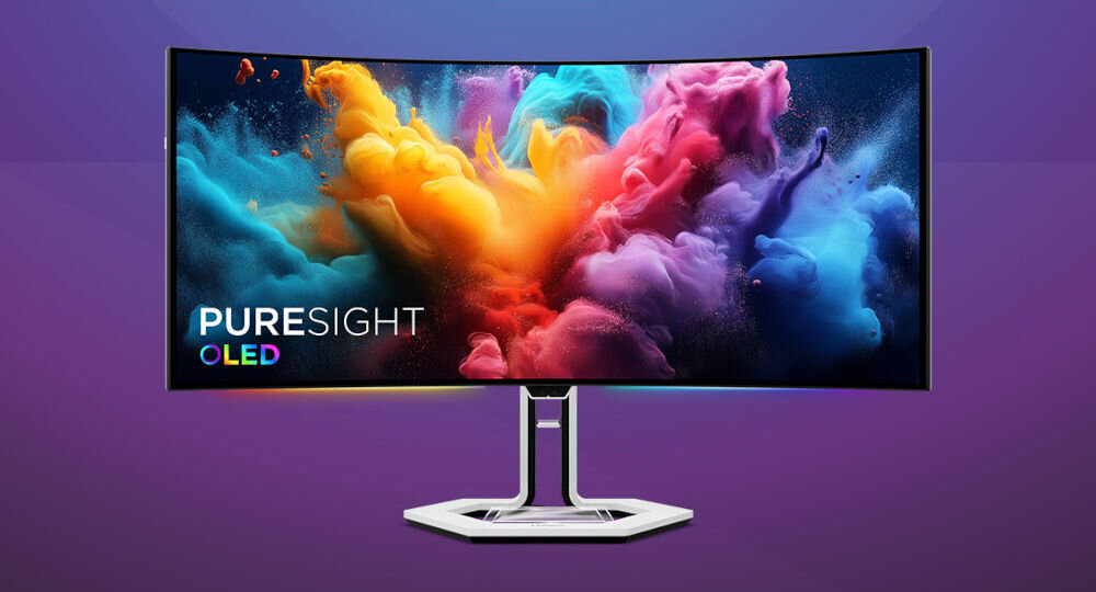 Monitor LENOVO Legion Pro 34WD-10 33.94 cala 3440x1440px OLED 240Hz 0.03 [GTG] Curved prezentacja monitora od przodu na fioletowym tle z gradientem napis PureSight OLED zaawansowana technologia obrazu nowy wymiar rozgrywki