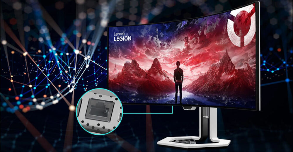 Monitor LENOVO Legion Pro 34WD-10 33.94 cala 3440x1440px OLED 240Hz 0.03 [GTG] Curved prezentacja monitora pod kątem od przodu zbliżenie na port cyfrowe tło port Ethernet 2.5G RJ-45 szybkie i stabilne łącze Realtek Dragon dodatkowa optymalizacja przepustowości