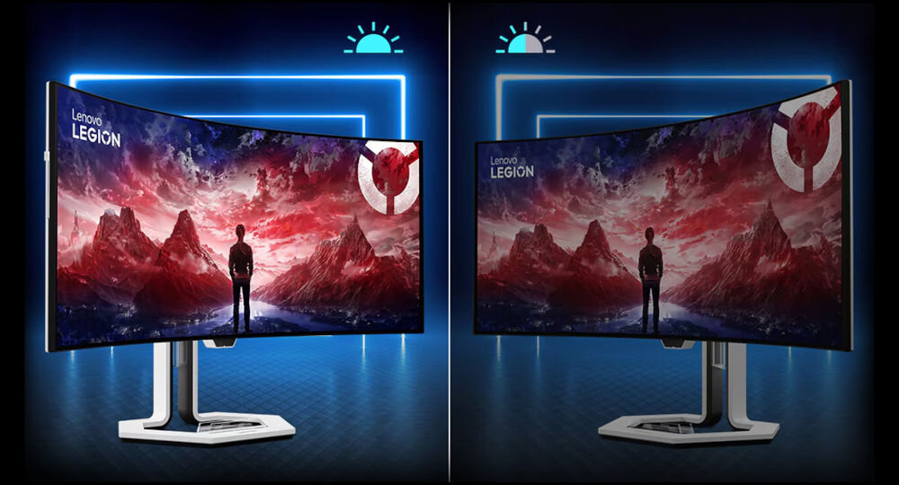 Monitor LENOVO Legion Pro 34WD-10 33.94 cala 3440x1440px OLED 240Hz 0.03 [GTG] Curved prezentacja monitora i działania czujnika jasności otoczenia ciemne tło z niebieskimi paskami ledowymi czujnik jasności otoczenia automatyczne dopasowanie czytelny obraz komfort