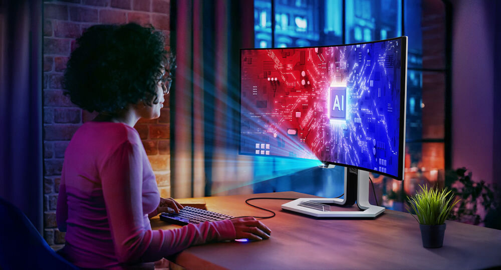 Monitor LENOVO Legion Pro 34WD-10 33.94 cala 3440x1440px OLED 240Hz 0.03 [GTG] Curved prezentacja monitora i działania czujnika obecności kobieta przed monitorem na ekranie grafika z napisem AI czujnik obecności automatyczne przyciemnianie ekranu oszczędność energii