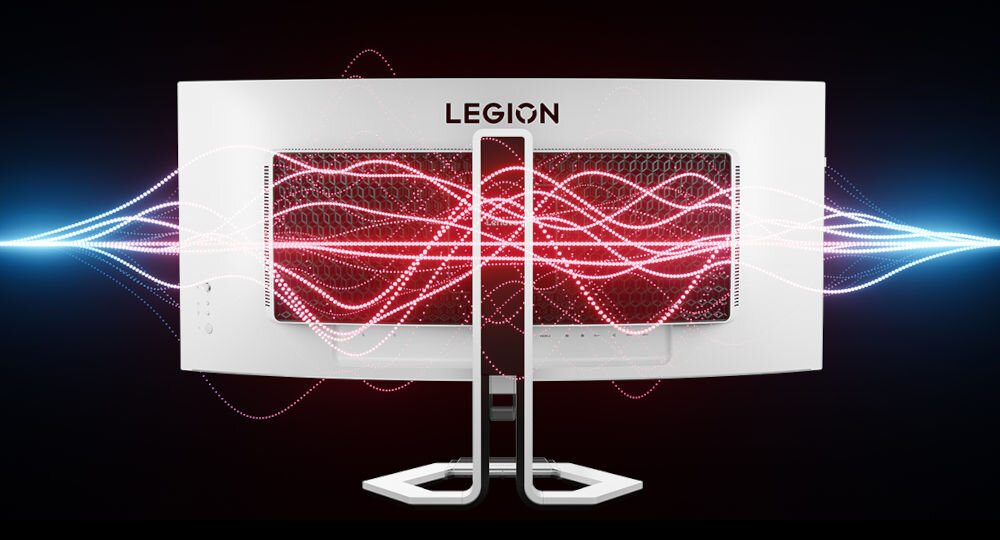 Monitor LENOVO Legion Pro 34WD-10 33.94 cala 3440x1440px OLED 240Hz 0.03 [GTG] Curved prezentacja monitora od tyłu wizualizacja granego dźwięku na ciemnym tle dwa głośniki 5W wzbogacenie rozgrywki przestrzenny dźwięk