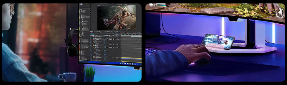 Monitor LENOVO Legion Pro 34WD-10 33.94 cala 3440x1440px OLED 240Hz 0.03 [GTG] Curved zbliżenia na uchwyt i stojak na telefon boczny uchwyt słuchawki wbudowany stojak na telefon porządek organizacja przestrzeni