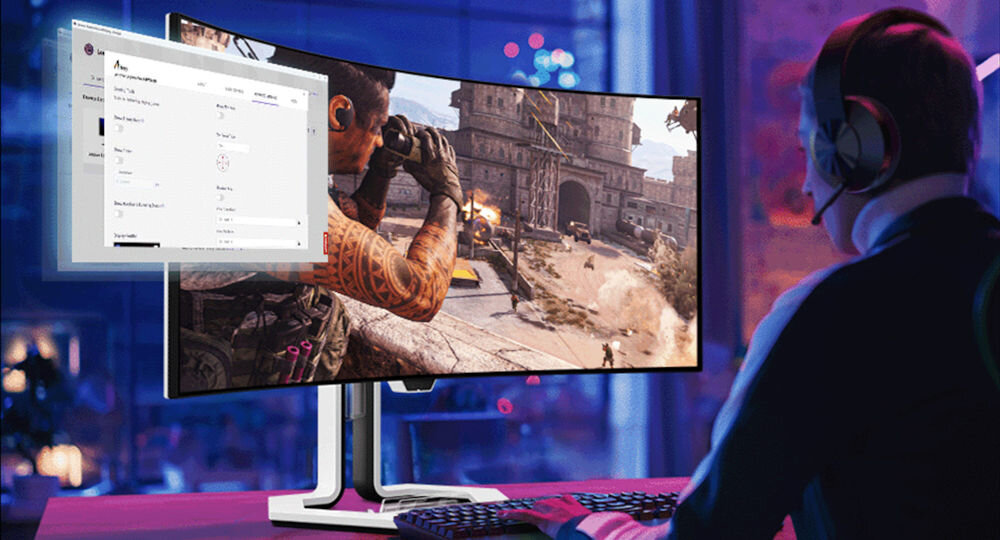 Monitor LENOVO Legion Pro 34WD-10 33.94 cala 3440x1440px OLED 240Hz 0.03 [GTG] Curved prezentacja monitora podczas grania mężczyzna przed monitorem na ekranie strzelanka pokazanie aplikacji Lenovo Display Control Center Artery personalizacja ustawień