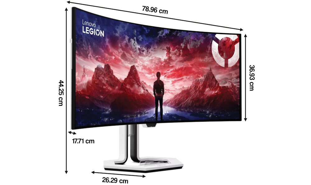 Monitor LENOVO Legion Pro 34WD-10 33.94 cala 3440x1440px OLED 240Hz 0.03 [GTG] Curved prezentacja monitora na białym tle przód pod kątem z wymiarami waga wymiary panoramiczny obraz solidność konstrukcji