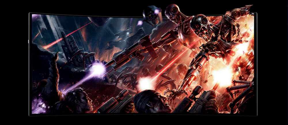 Monitor LENOVO Legion Pro 34WD-10 33.94 cala 3440x1440px OLED 240Hz 0.03 [GTG] Curved prezentacja ekranu monitora z niego wychodzące roboty przypominające kościotrupy walczące z postaciami na laserowe bronie czarne tło proporcje ekranu panoramiczny widok zakrzywienie czas reakcji wzmocnienie immersji