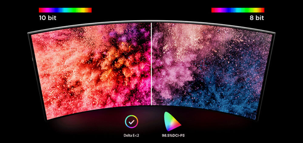 Monitor LENOVO Legion Pro 34WD-10 33.94 cala 3440x1440px OLED 240Hz 0.03 [GTG] Curved porównanie kolorów 10 bit i 8 bit na czarnym tle pokrycie sRGB DCI-P3 kolory 10-bitowa głębia dokładność odwzorowania spójne barwy