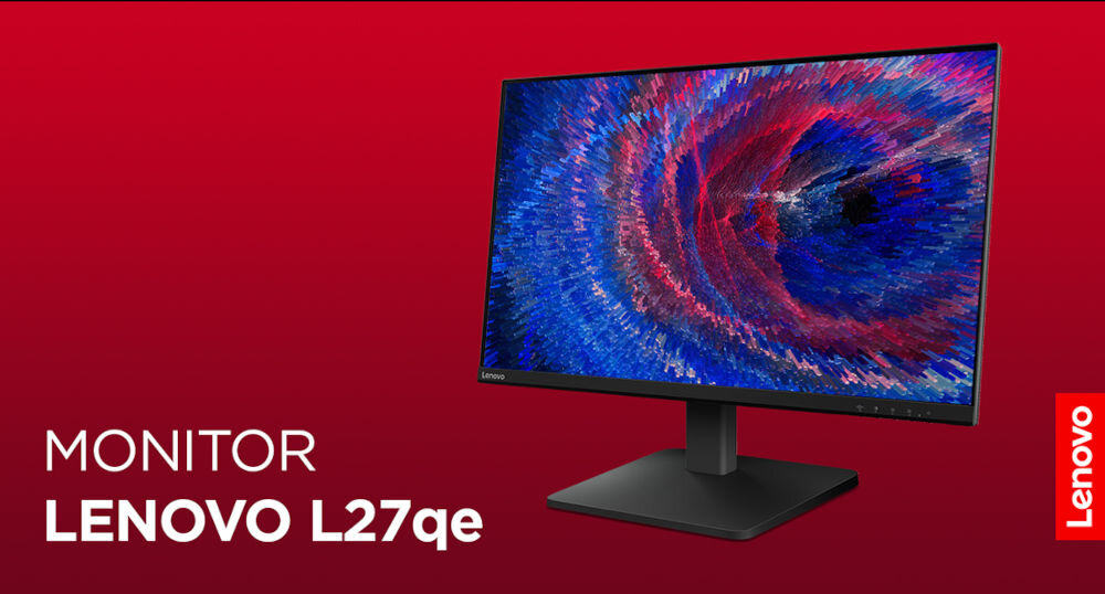 Monitor LENOVO L27qe 27 cali 2560x1440px IPS 100Hz 4 ms prezentacja monitora na czerwonym tle napis z modelem monitora