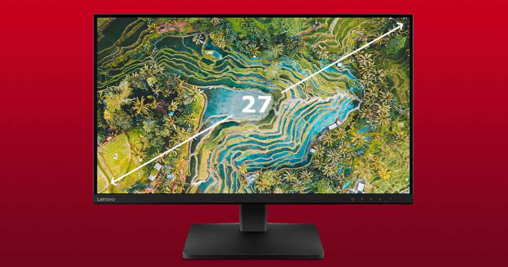 Monitor LENOVO L27qe 27 cali 2560x1440px IPS 100Hz 4 ms prezentacja monitora na czerwonym tle na ekranie krajobraz wodno-zielony przekątna rozdzielczość wyraźny szczegółowy obraz cienkie ramki IPS