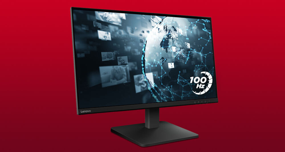 Monitor LENOVO L27qe 27 cali 2560x1440px IPS 100Hz 4 ms prezentacja monitora od przodu pod kątem na czerwonym tle na ekranie cyfrowa kula ziemska ze zdjęciami obok wyświetlanie ruchu bez opóźnień i zakłóceń komfort czytelny i dynamiczny obraz czas reakcji