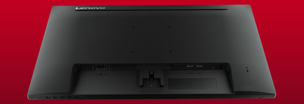 Monitor LENOVO L27qe 27 cali 2560x1440px IPS 100Hz 4 ms prezentacja monitora od tyłu i portów na czerwonym tle porty komputer konsola urządzenia peryferyjne kompatybilność swoboda korzystania