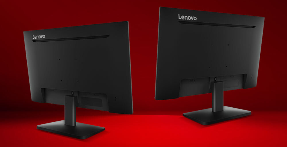 Monitor LENOVO L27qe 27 cali 2560x1440px IPS 100Hz 4 ms prezentacja monitora od tyłu pod kątami na czerwonym tle możliwość regulacji kąta nachylenia od -5° do 22° utrzymanie optymalnej pozycji kompatybilność z uchwytami VESA 100 x 100 montaż na ścianie lub uchwytach