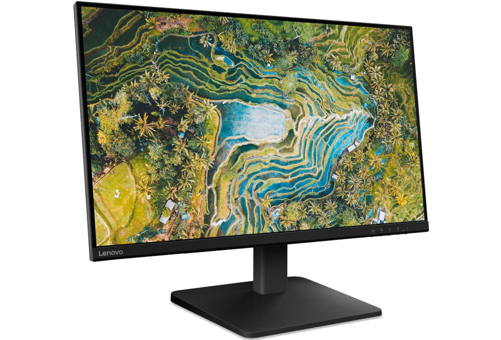 Monitor LENOVO L27qe 27 cali 2560x1440px IPS 100Hz 4 ms prezentacja monitora na białym tle przód pod kątem waga wymiary wygoda przemyślany rozmiar