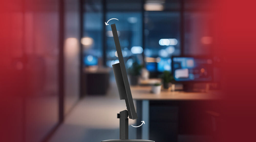 Monitor LENOVO L24-4e 23.8 cala 1920x1080px IPS 100Hz 4 ms prezentacja monitora od boku i pokazanie możliwego kątu nachylenia w tle biuro na bokach czerwona poświata możliwość regulacji kąta nachylenia od -5° do 22° utrzymanie optymalnej pozycji kompatybilność z uchwytami VESA 100 x 100 montaż na ścianie lub uchwytach