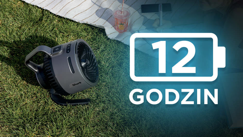 Wentylator SHARK FlexBrezze HydroGo FA050EU zdjęcie lifestyle Długie godziny chłodu oferuje czas pracy do 12 godzin przyjemny powiew bez przerw na ładowanie