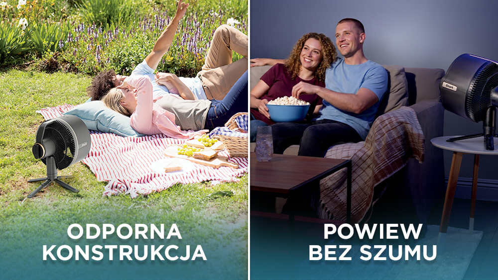 Obraz podzielony na dwie części: po lewej stronie osoby leżą na kocu na trawie obok wentylatora, z tekstem \'ODPORNA KONSTRUKCJA\'; po prawej stronie para siedzi na kanapie z miską popcornu, obok wentylatora, z tekstem \'POWIEW BEZ SZUMU\'.
