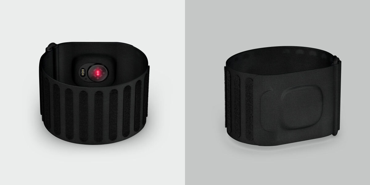 Monitor snu GARMIN Index Sleep (Rozmiar L-XL) Zaawansowane śledzenie snu - widok na zewnątrz monitora i wnętrza z czerwoną diodią
