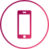 Ikona przedstawia kontur smartfona w kolorze różowym, otoczony okręgiem w tym samym kolorze.