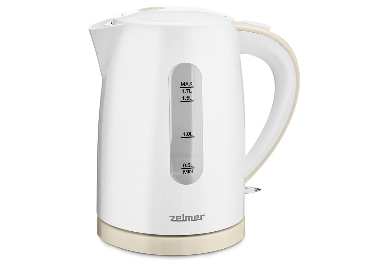Biały czajnik elektryczny z przezroczystym wskaźnikiem poziomu wody, oznaczonym wartościami od 0.5L do 1.7L. Na dole czajnika widoczne jest logo \'zelmer\'.
