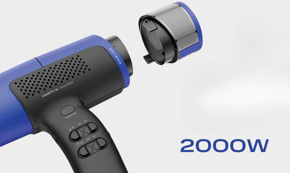 Suszarka VALERA VanityCare AI Granatowy 2000W Dużo możliwości cyfrowy silnik 100K-PAX o wydajności 2000 W przepływ powietrza na poziomie 80 m³/h poziom hałasu cicha praca technologia Air Boost zbliżenie na suszarkę na białym tle