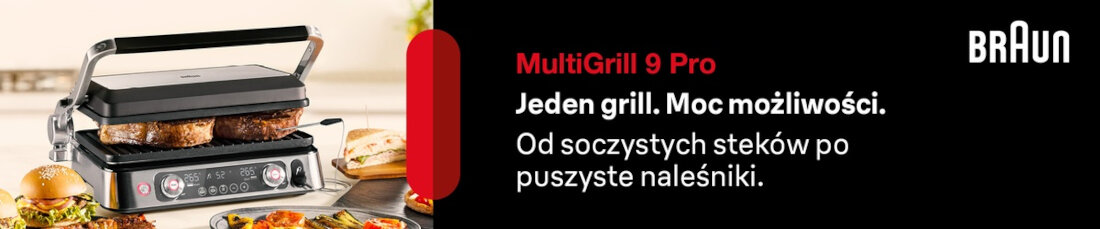 Obraz przedstawia grill elektryczny z kilkoma kawałkami mięsa na ruszcie. Obok znajduje się tekst: \'MultiGrill 9 Pro Jeden grill. Moc możliwości. Od soczystych steków po puszyste naleśniki.\' oraz logo BRAUN.