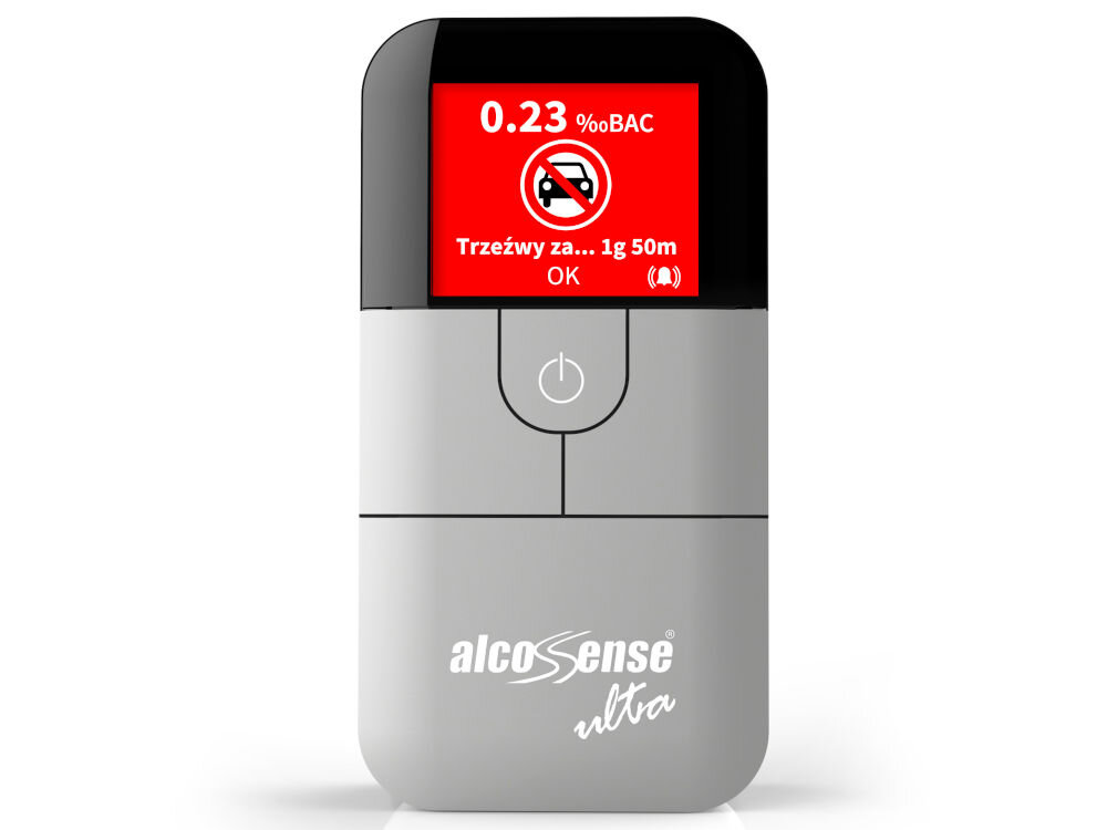 Alkomat ALCOSENSE Ultra szacowany czas na wytrzeźwienie alkohol komunikaty przypomnienie kolejny pomiar ikona alarmu