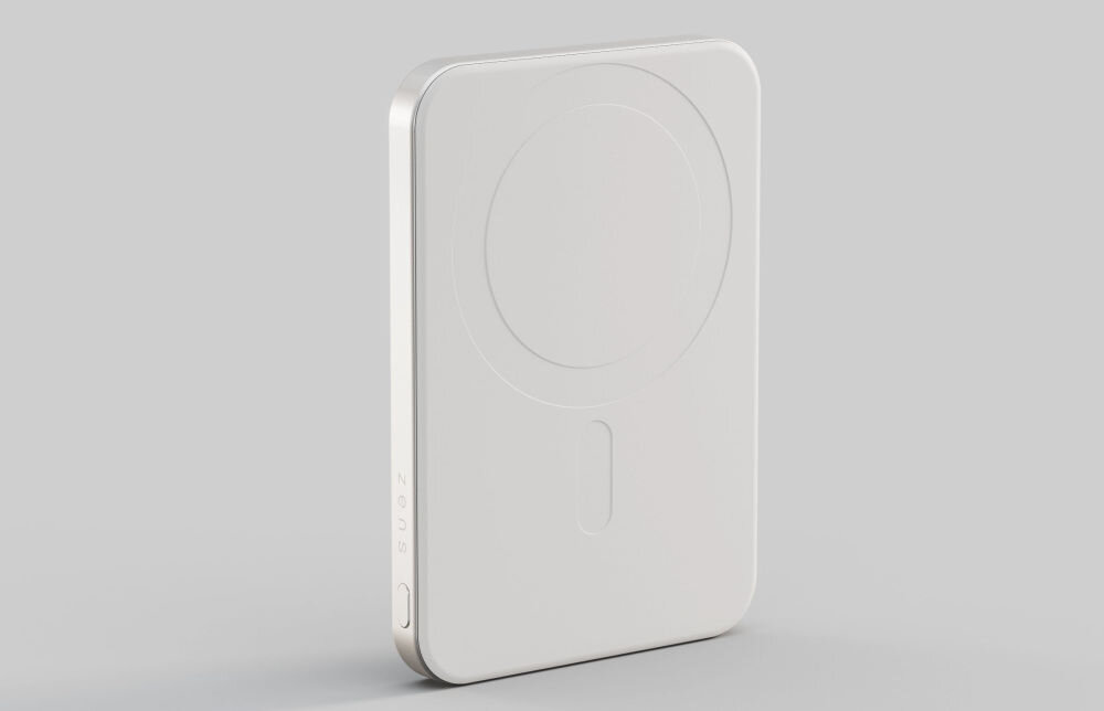 Biały powerbank o prostokątnym kształcie z zaokrąglonymi krawędziami, z widocznym logo \'ZENS\' na boku. Na powierzchni znajduje się okrągły wzór i prostokątny element.
