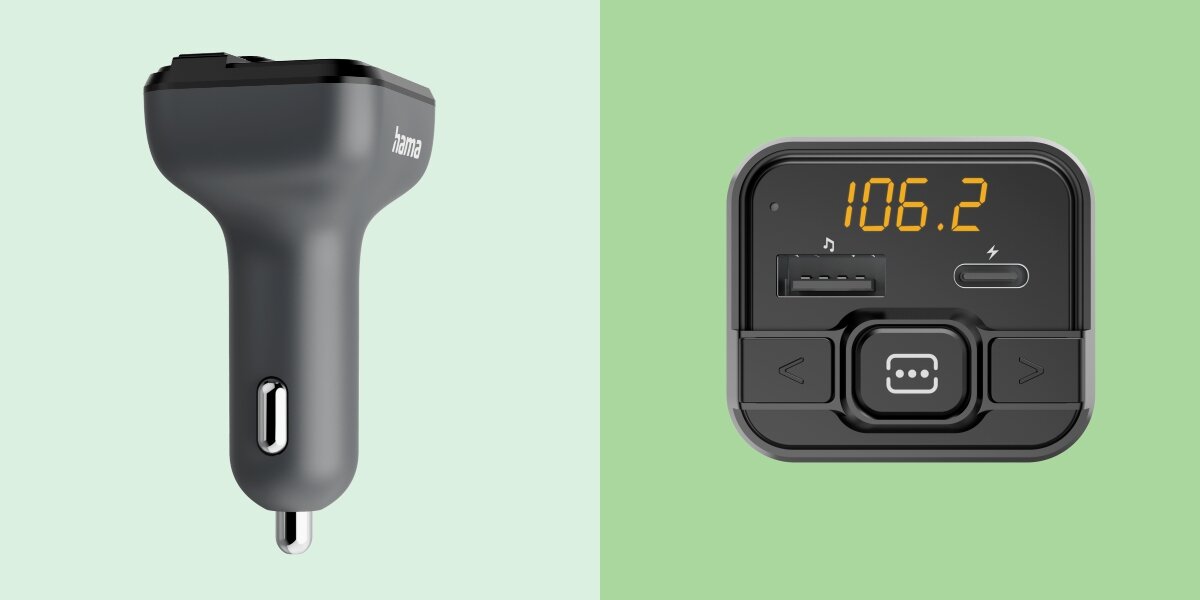 Obraz przedstawia czarno-szary transmiter FM z logo \'hama\'. Na wyświetlaczu widoczna jest częstotliwość \'106.2\' oraz porty USB i przyciski sterujące.