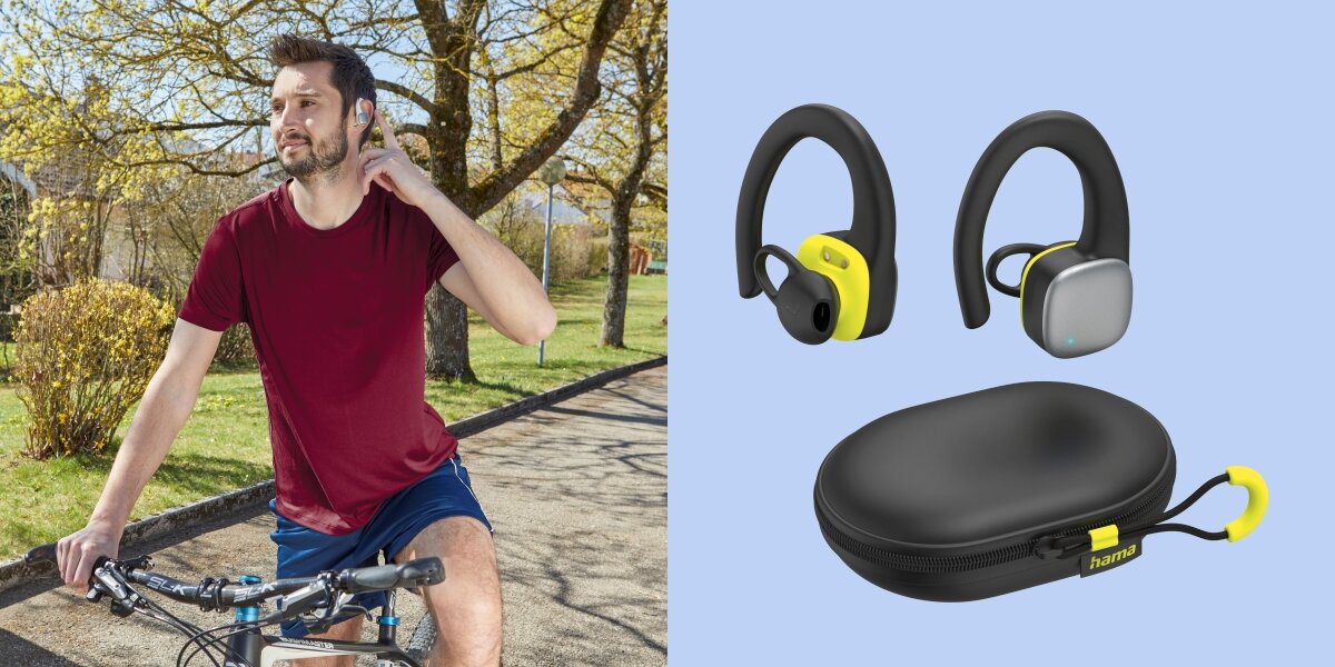 Muzyka bez przerwy Mężczyzna na rowerze, odbierający połączenie, z jedną bezprzewodową słuchawką douszną w uchu. Obok, zbliżenie na dwie słuchawki i etui ładujące, prezentujące kompletny zestaw słuchawkowy Bluetooth.