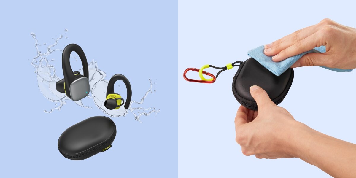 Gotowe na każdą pogodę Słuchawki bezprzewodowe sportowe, na które chlapie woda, oraz etui ładujące obok, ilustrujące ich wodoodporność (IPX). Druga grafika przedstawia ręce wycierające etui ściereczką, co sugeruje łatwość konserwacji i odporność na pot.