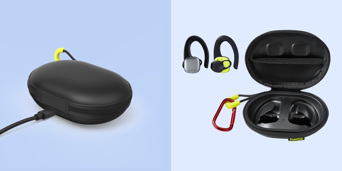 Wolność i jakość dźwięku Czarne, twarde etui ładujące na słuchawki sportowe z żółtą smyczą i karabińczykiem, podłączone do ładowania. Obok etui otwarte, prezentujące wnętrze na słuchawki.