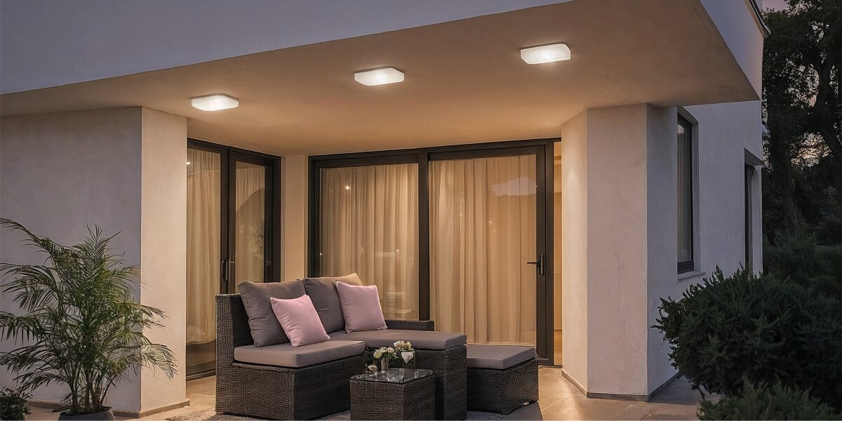 Lampa sufitowa HAMA 176666 Wi-Fi Czarny, światło, technologia, komfort, personalizacja, Lampy Hue pod sufitem na tarasie wieczorem, oświetlające meble.