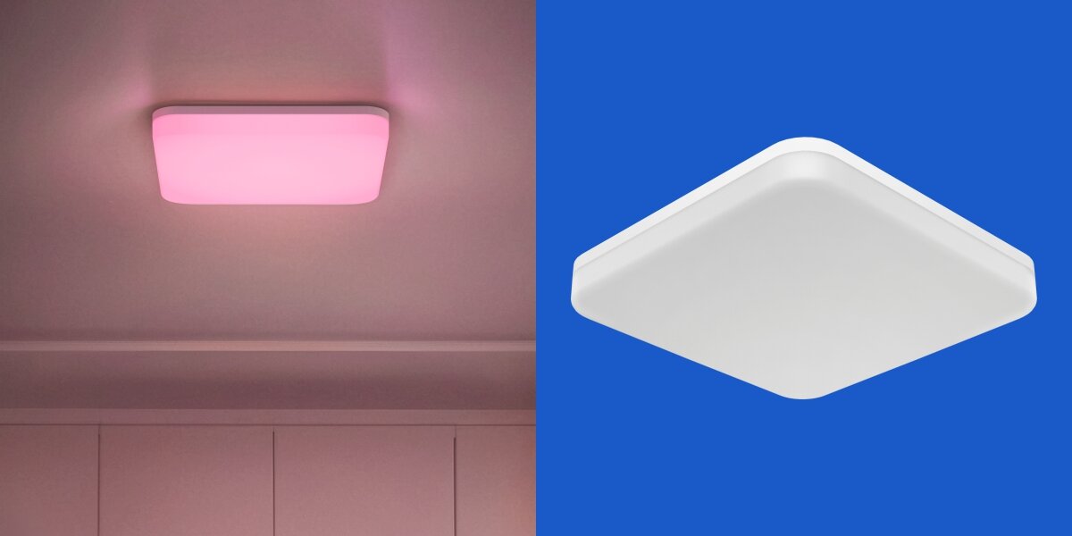 Lampa sufitowa HAMA 176666 Wi-Fi Czarny, kolory, atmosfera, nastrój, barwa, Różowa podświetlenie sufitowe lampy Hue i biała wersja produktu.