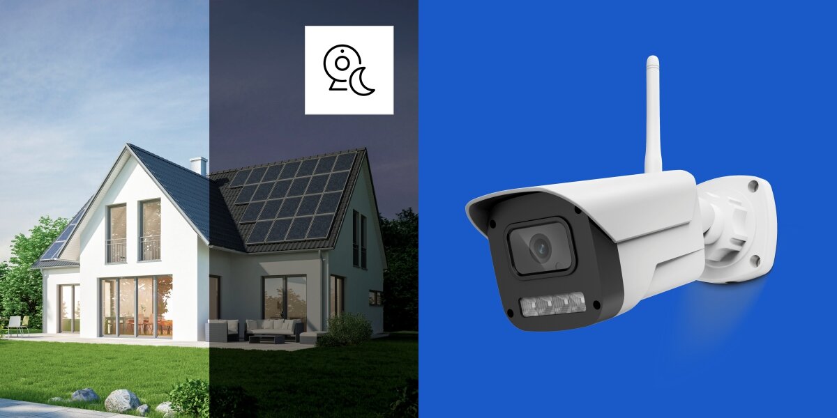 Kamera zewnętrzna Hama i dom, ilustracja funkcji widzenia nocnego (dzień/noc).