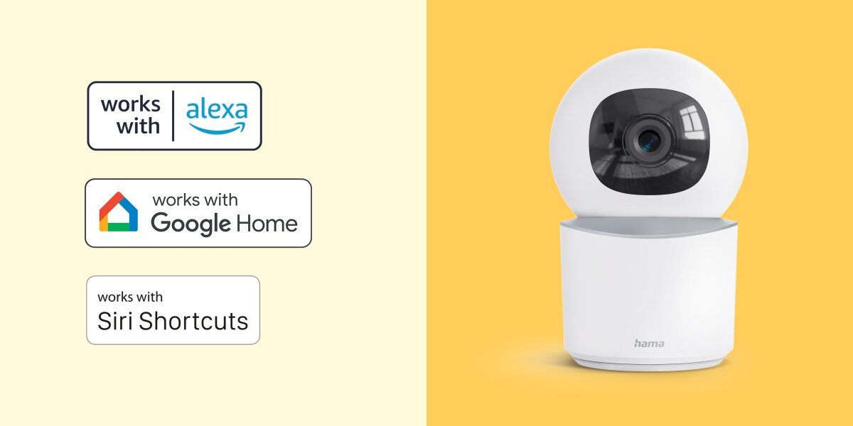 Biała kamera monitorująca Hama oraz loga zgodności: 