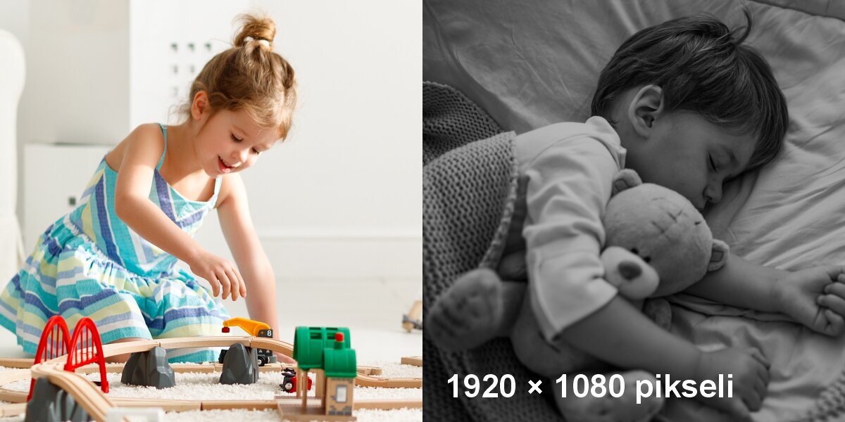 Dwa ujęcia: dziewczynka bawiąca się drewnianą kolejką i śpiące dziecko (czarno-białe) z rozdzielczością nagrywania 1920×1080 pikseli.
