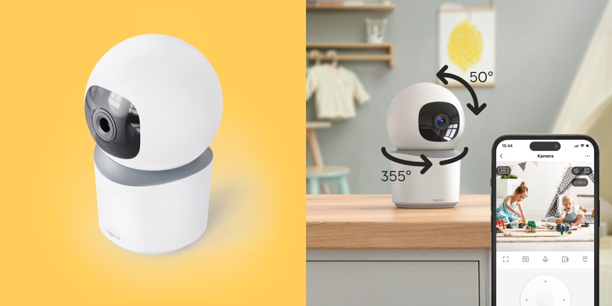 Biała obrotowa kamera Hama Smart Home z zaznaczonym kątem obrotu 355∘ (poziom) i 50∘ (pion) oraz podglądem na smartfonie.