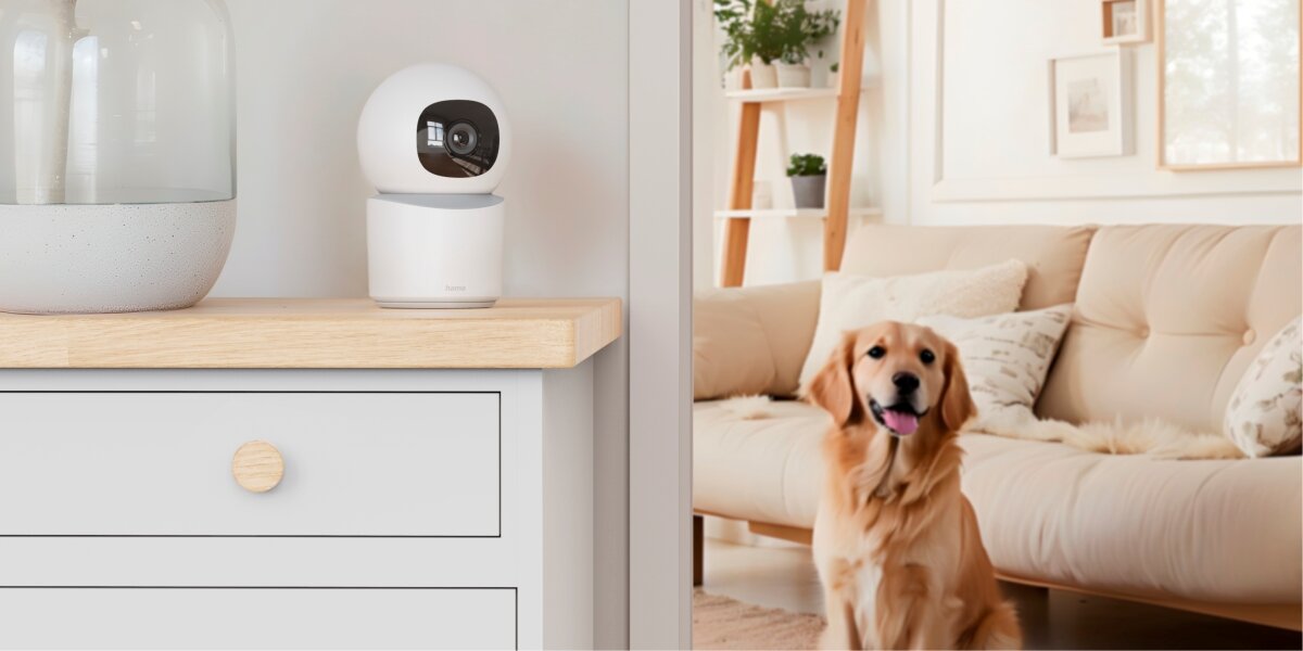 Biała kamera monitorująca Hama na komodzie, w tle salon i pies rasy golden retriever.