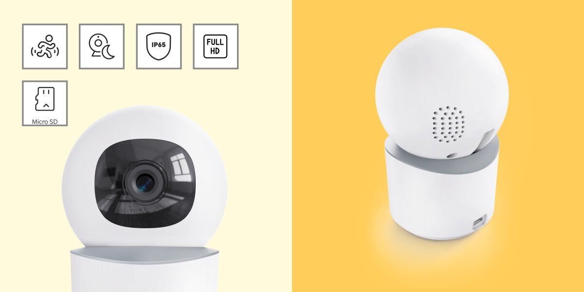 Kamera Hama Smart Home z tyłu i przodu, otoczona ikonami funkcji: detekcja ruchu, widzenie nocne, IP65, Full HD, karta Micro SD.