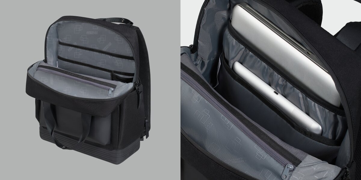 Plecak na laptopa AMERICAN TOURISTER Soulpack 15 cali Wnętrze czarnego plecaka z widocznymi przegrodami na laptopa i tablet oraz kieszenią zapinaną na zamek. 